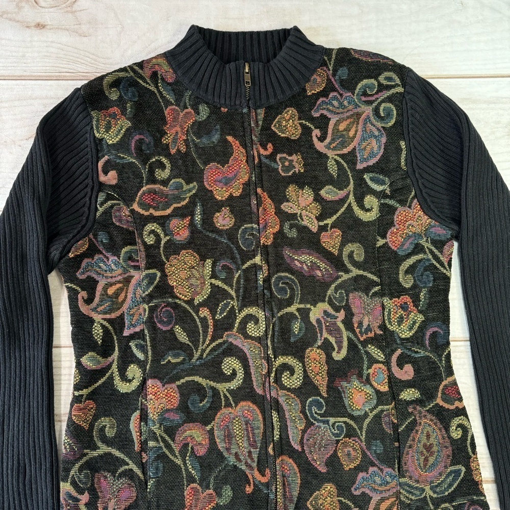 Christopher & Banks Black Ribbed w Jewel Tone Jacquard Floral Zip Front Cardigan - Picture 4 of 12